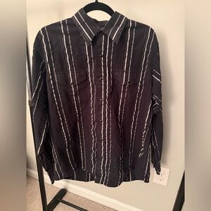 Wrangler Pearl Snap Shirt Mens L Western Striped Vintage 90s black and silver